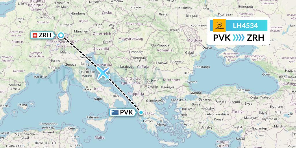 LH4534 Lufthansa Flight Map: Preveza to Zurich