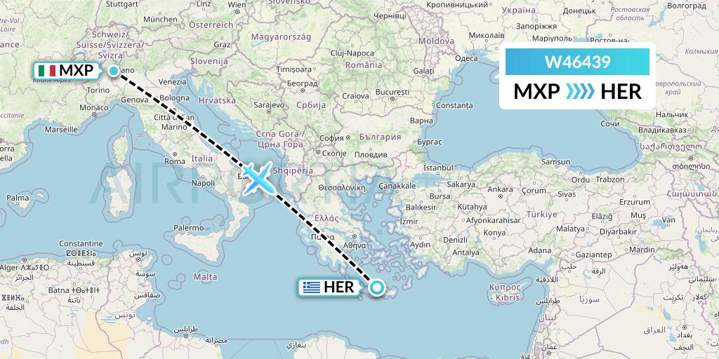 W46439 Wizz Air Malta Flight Map: Milan to Heraklion
