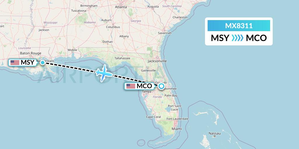 MX8311 Breeze Airways Flight Map: New Orleans to Orlando