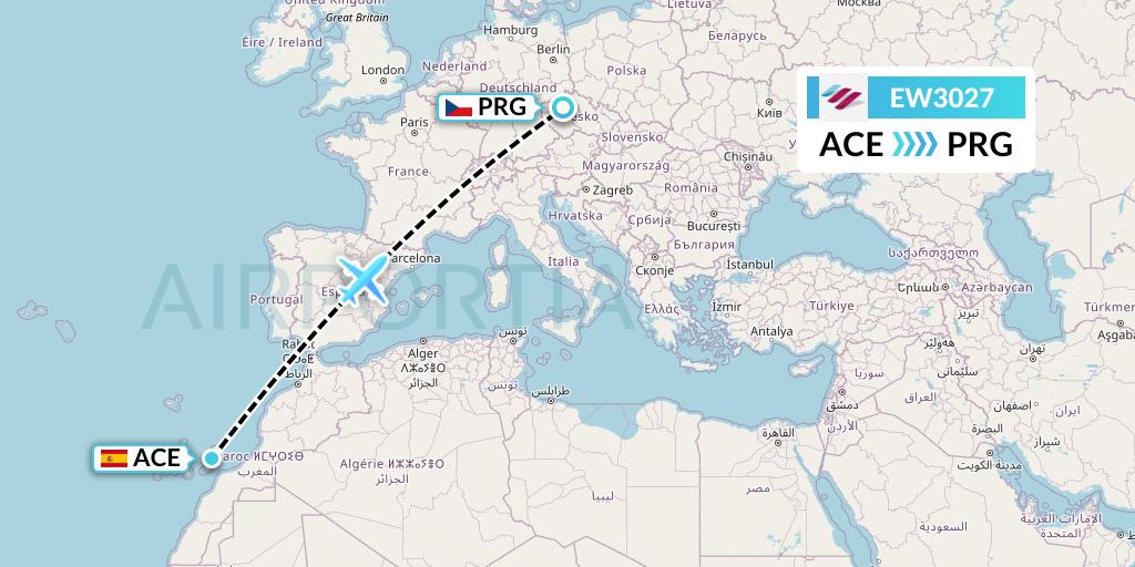 EW3027 Eurowings Flight Map: Lanzarote to Prague