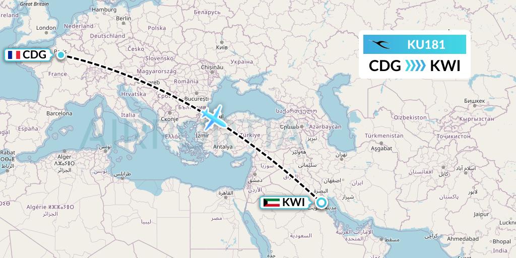 KU181 Kuwait Airways Flight Map: Paris to Kuwait City