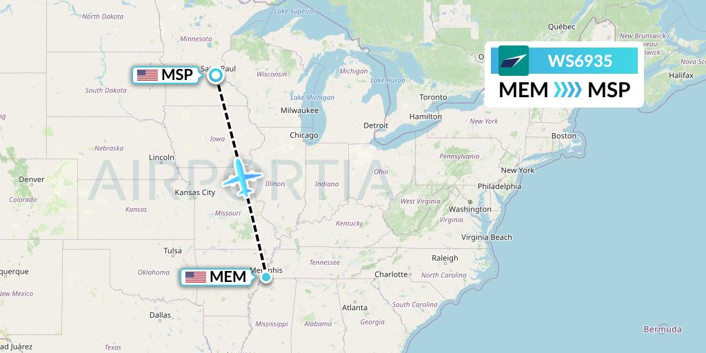 WS6935 WestJet Flight Map: Memphis to Minneapolis