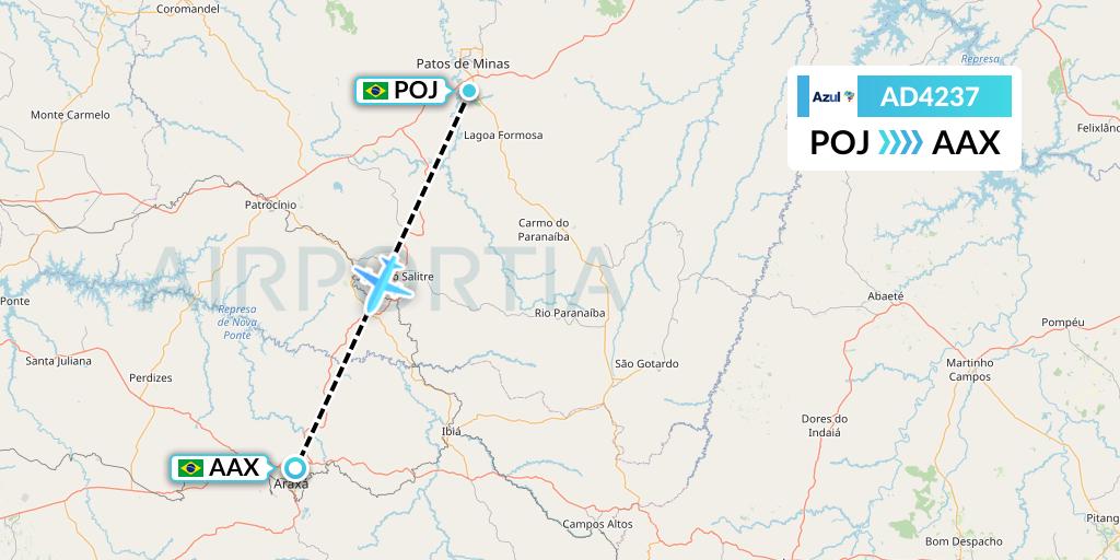 AD4237 Azul Brazilian Airlines Flight Map: Patos de Minas to Araxa