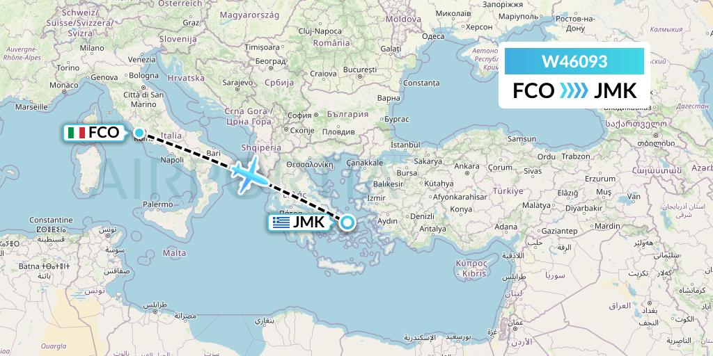 W46093 Wizz Air Malta Flight Map: Rome to Mykonos