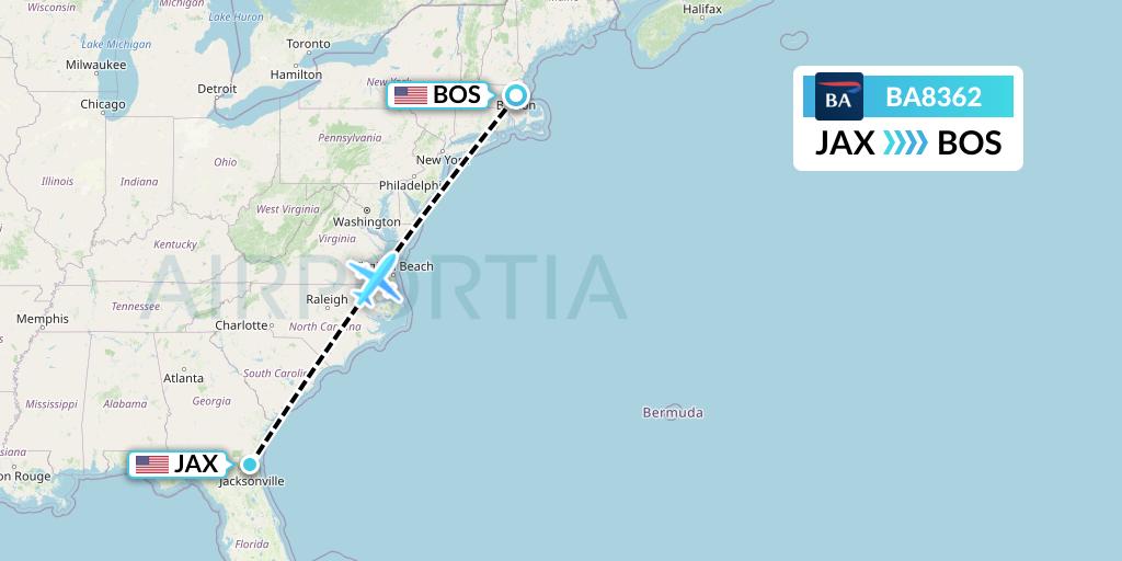 BA8362 British Airways Flight Map: Jacksonville to Boston