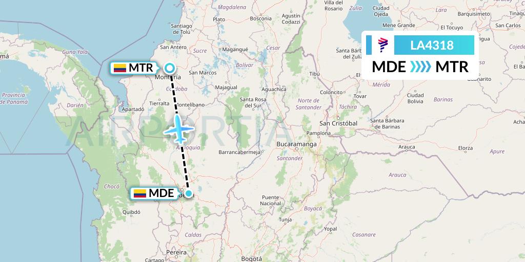 LA4318 LAN Airlines Flight Map: Medellin to Monteria