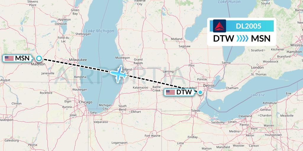 DL2005 Delta Air Lines Flight Map: Detroit to Madison