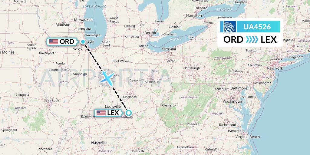 UA4526 United Airlines Flight Map: Chicago to Lexington
