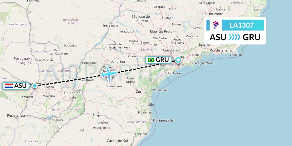 LA1307 LATAM Airlines Flight Map: Asuncion to Sao Paulo