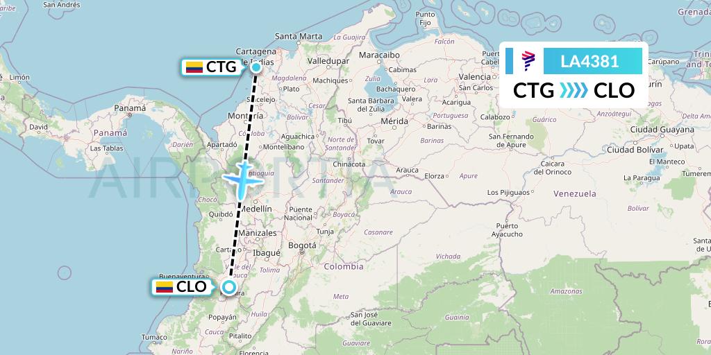 LA4381 LAN Airlines Flight Map: Cartagena to Cali
