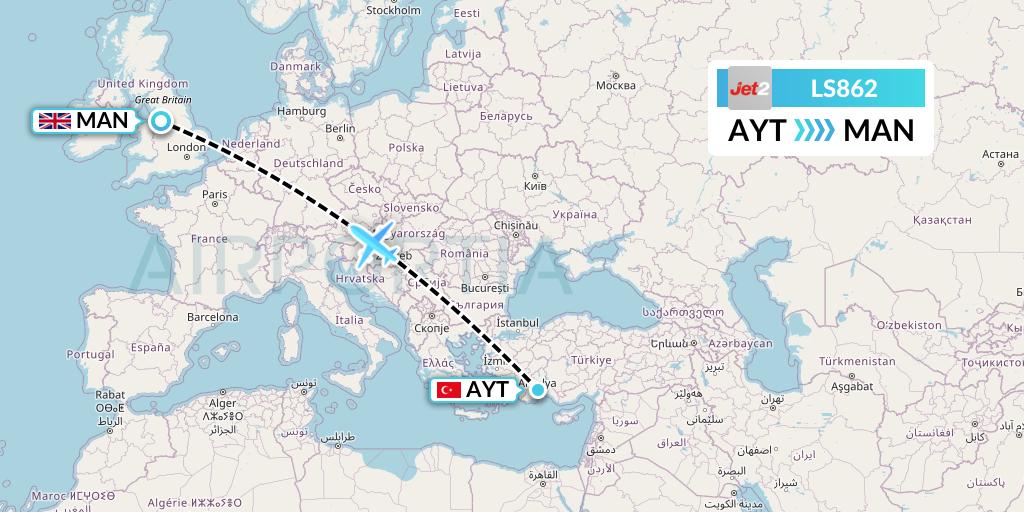 LS862 Jet2 Flight Map: Antalya to Manchester