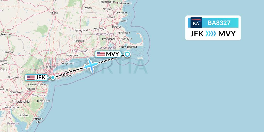 BA8327 British Airways Flight Map: New York to Martha's Vineyard