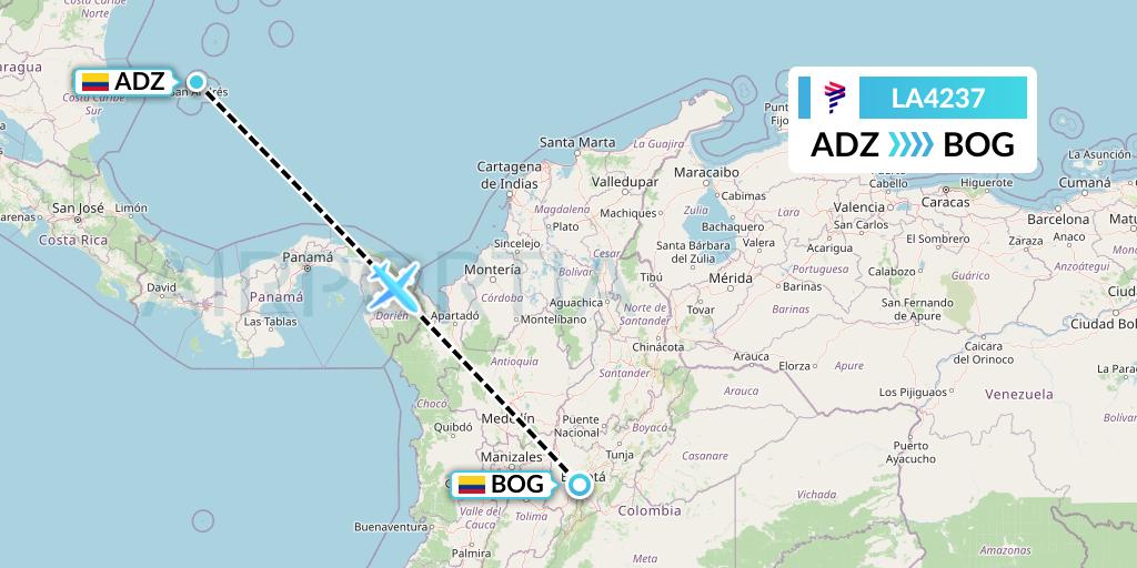 LA4237 LAN Airlines Flight Map: San Andres Island to Bogota