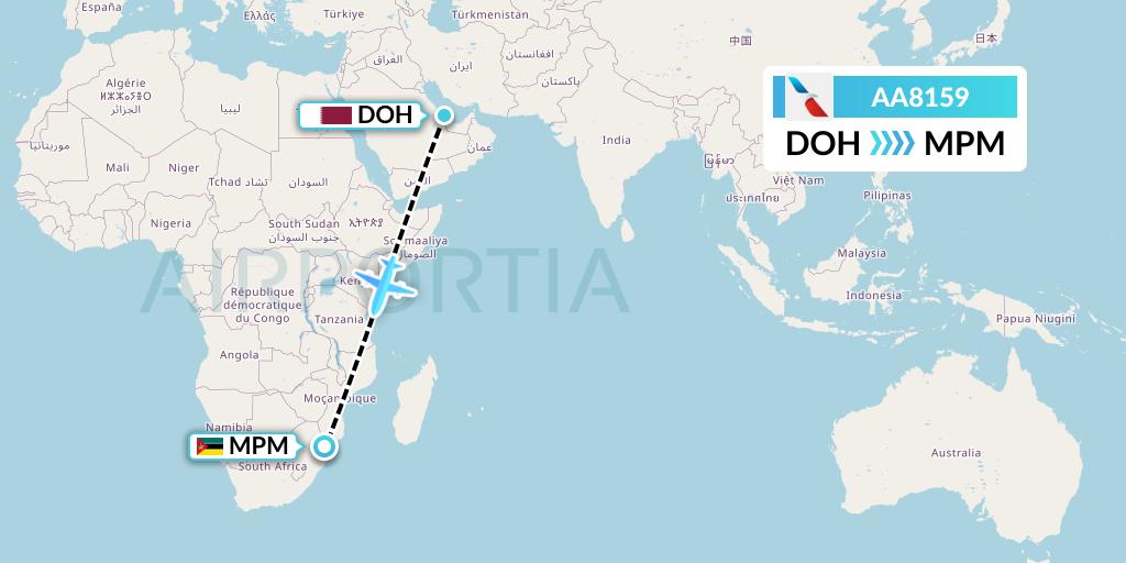 AA8159 American Airlines Flight Map: Doha to Maputo