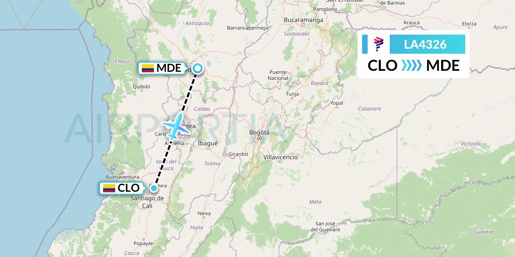 LA4326 LAN Airlines Flight Map: Cali to Medellin