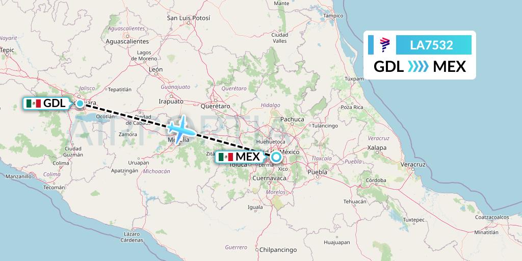 LA7532 LAN Airlines Flight Map: Guadalajara to Mexico City