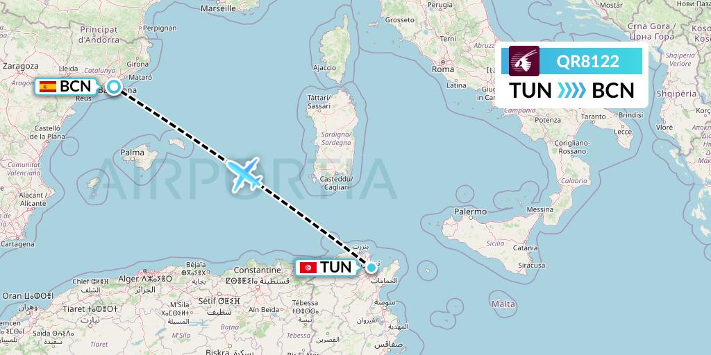QR8122 Qatar Airways Flight Map: Tunis to Barcelona