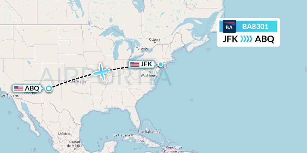 BA8301 British Airways Flight Map: New York to Albuquerque
