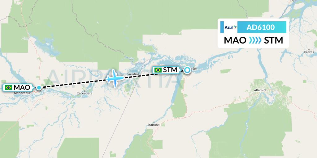 AD6100 Azul Brazilian Airlines Flight Map: Manaus to Santarem