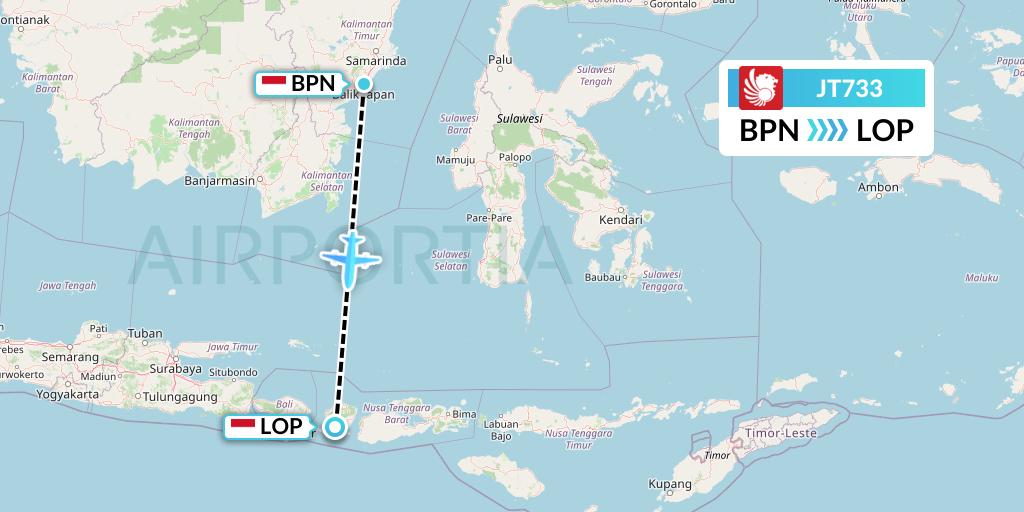 JT733 Lion Airlines Flight Map: Balikpapan to Lombok
