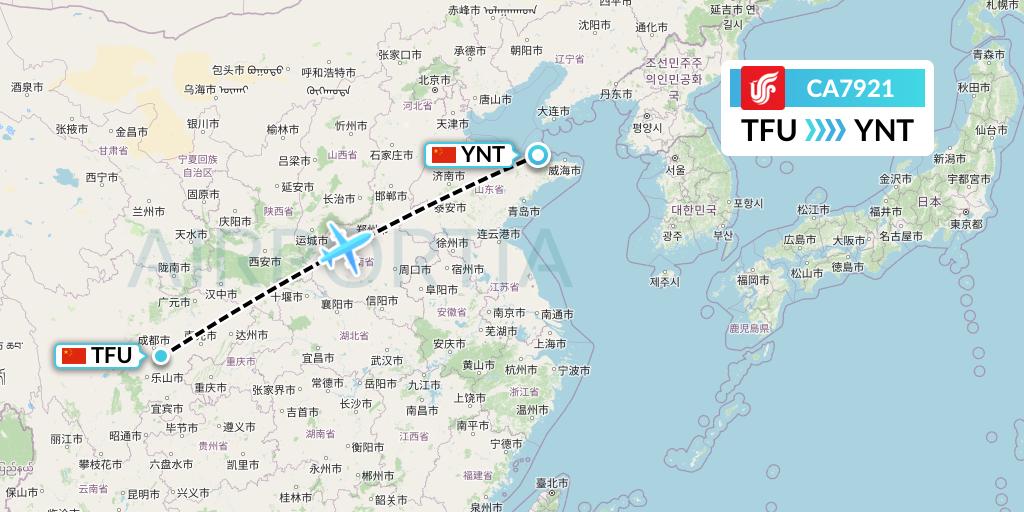 CA7921 Air China Flight Map: Chengdu to Yantai