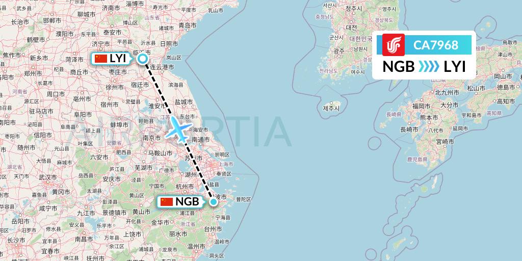 CA7968 Air China Flight Map: Ningbo to Linyi