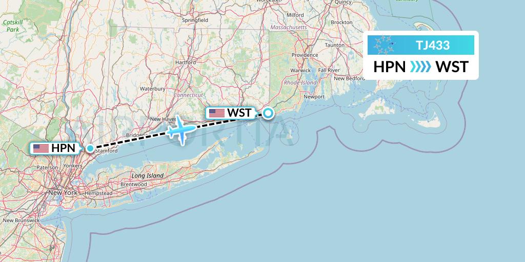 TJ433 Tradewind Aviation Flight Map: White Plains to Westerly