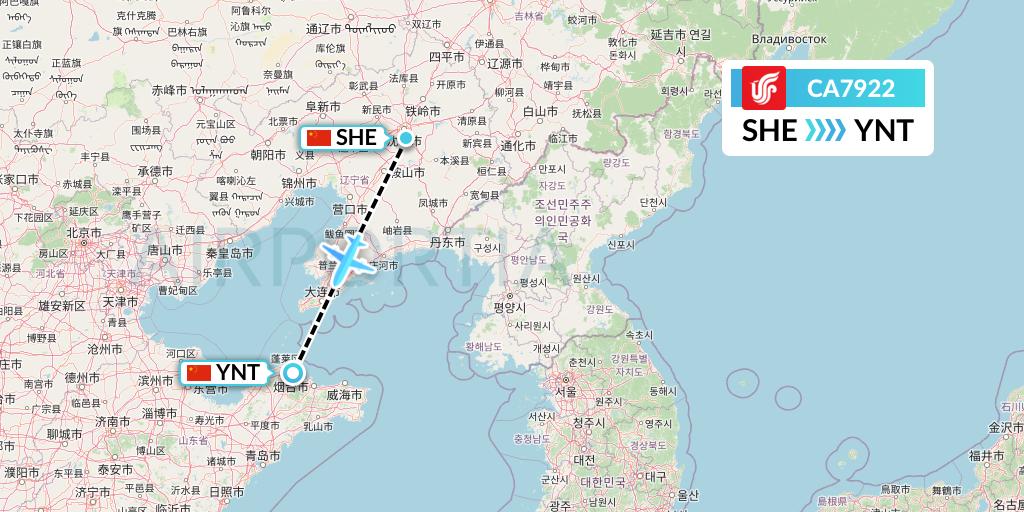 CA7922 Air China Flight Map: Shenyang to Yantai