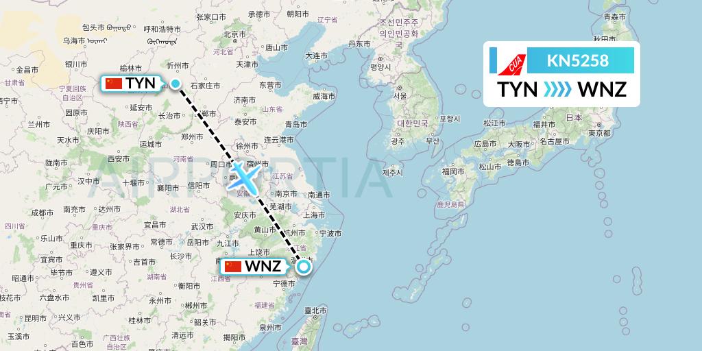 KN5258 China United Airlines Flight Map: Taiyuan to Wenzhou