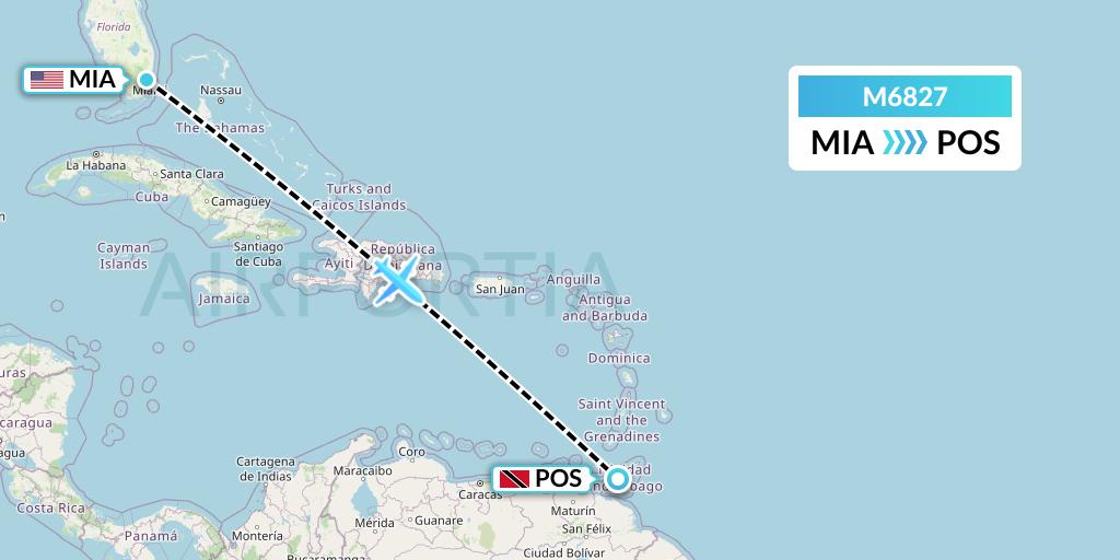 M6827 Amerijet International Flight Map: Miami to Port of Spain