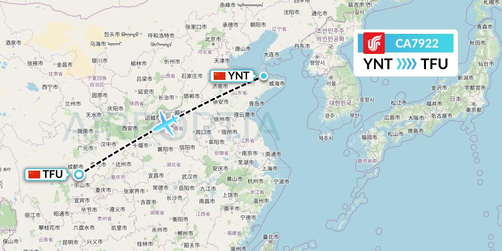 CA7922 Air China Flight Map: Yantai to Chengdu