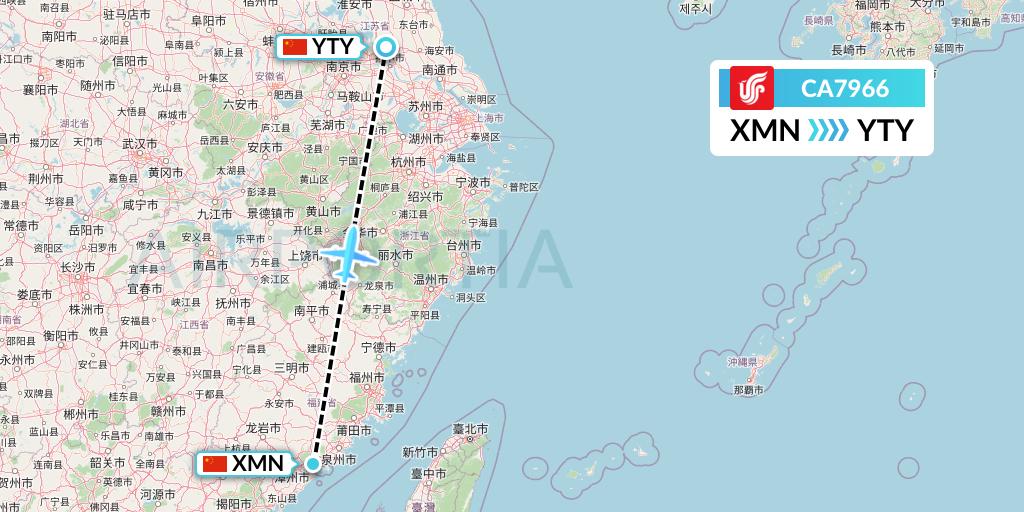 CA7966 Air China Flight Map: Xiamen to Yangzhou