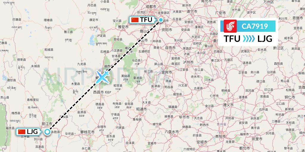 CA7919 Air China Flight Map: Chengdu to Lijiang