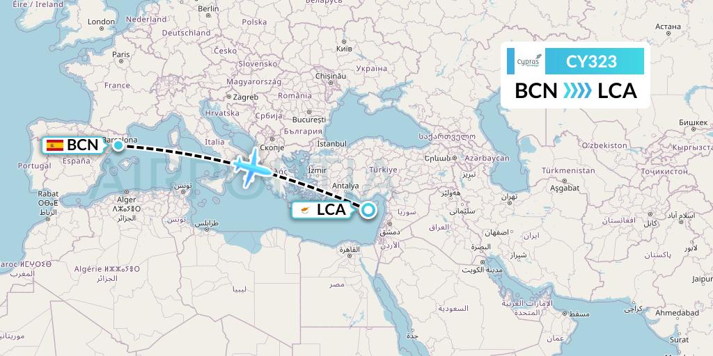 CY323 Cyprus Airways Flight Map: Barcelona to Larnaca
