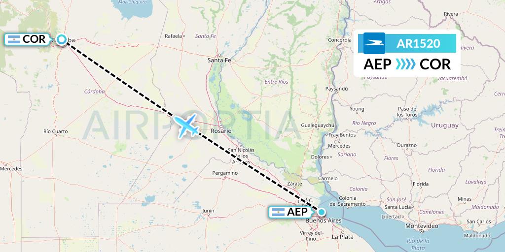 AR1520 Aerolineas Argentinas Flight Map: Buenos Aires to Cordoba