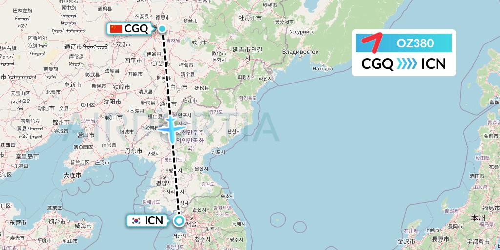 OZ380 Asiana Airlines Flight Map: Changchun to Seoul