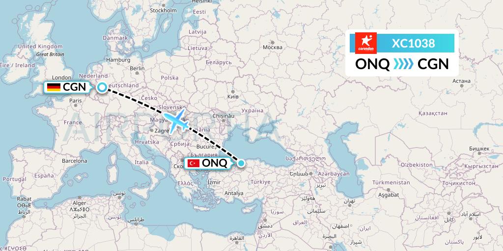 XC1038 Corendon Airlines Flight Map: Zonguldak to Cologne