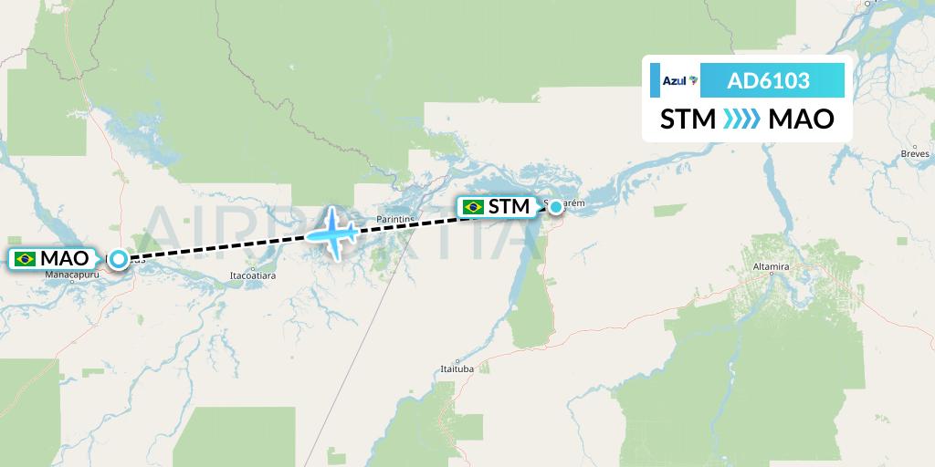 AD6103 Azul Brazilian Airlines Flight Map: Santarem to Manaus