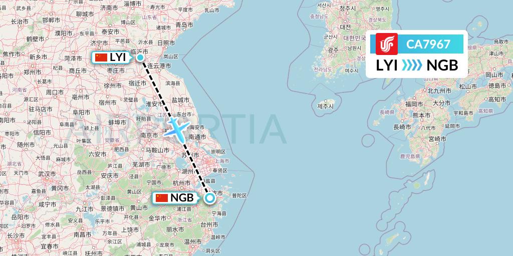 CA7967 Air China Flight Map: Linyi to Ningbo