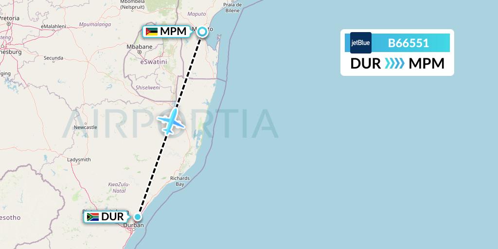 B66551 JetBlue Airways Flight Map: Durban to Maputo