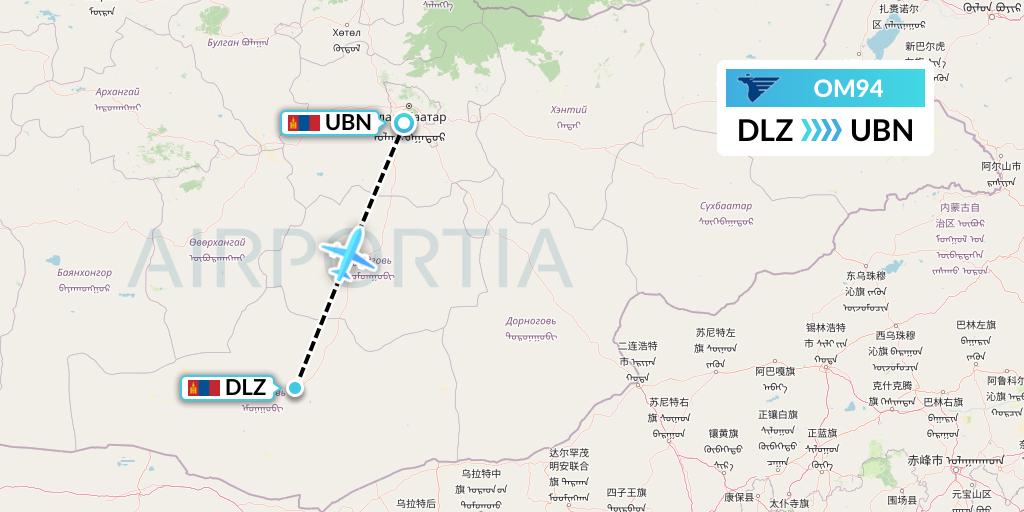 OM94 MIAT Mongolian Airlines Flight Map: Dalanzadgad to Ulan Bator