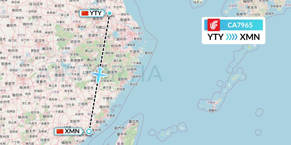 CA7965 Air China Flight Map: Yangzhou to Xiamen