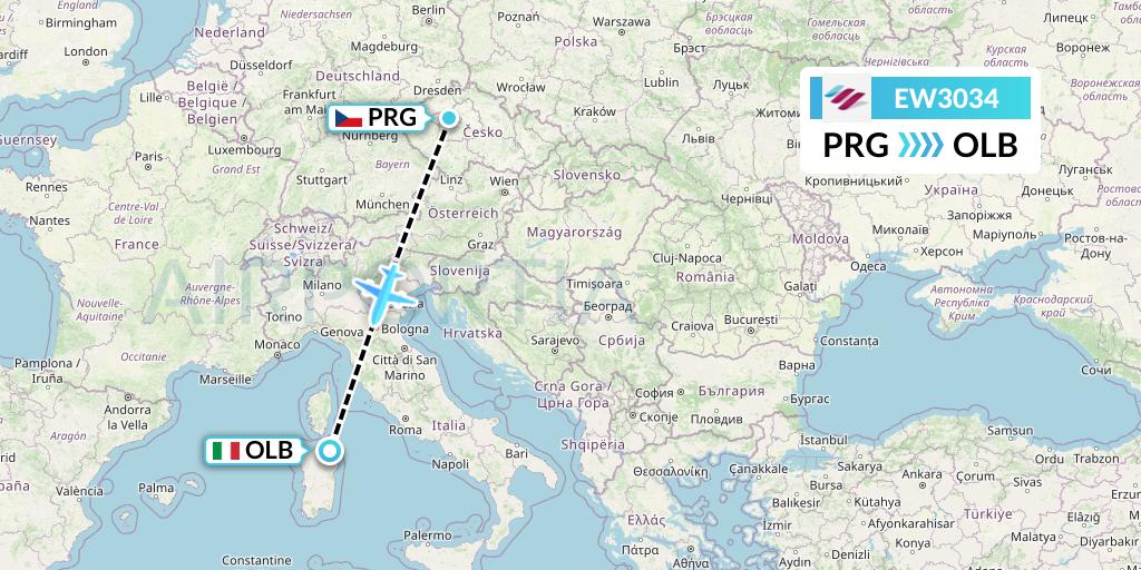 EW3034 Eurowings Flight Map: Prague to Olbia