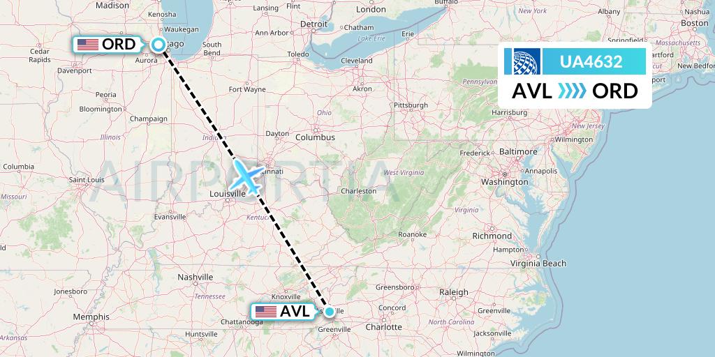 UA4632 United Airlines Flight Map: Asheville to Chicago