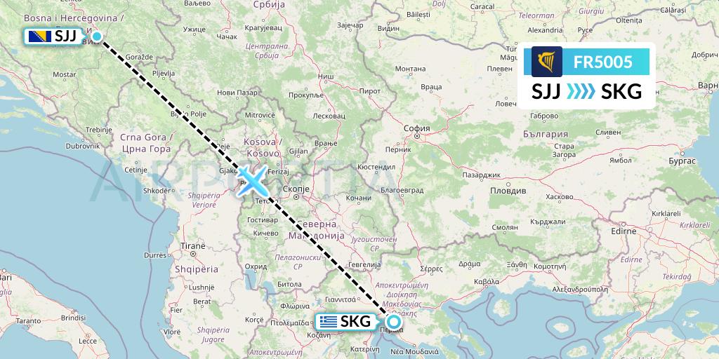 FR5005 Ryanair Flight Map: Sarajevo to Thessaloniki