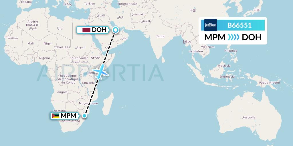 B66551 JetBlue Airways Flight Map: Maputo to Doha