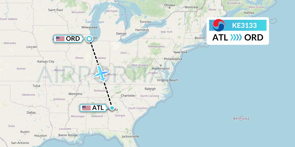 KE3133 Korean Air Flight Map: Atlanta to Chicago