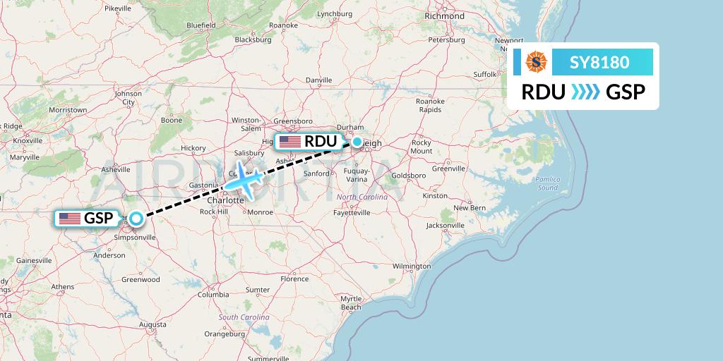 SY8180 Sun Country Airlines Flight Map: Raleigh-Durham to Greenville-Spartanburg