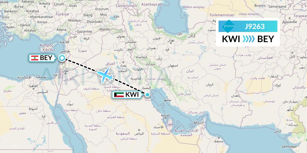 J9263 Jazeera Airways Flight Map: Kuwait City to Beirut