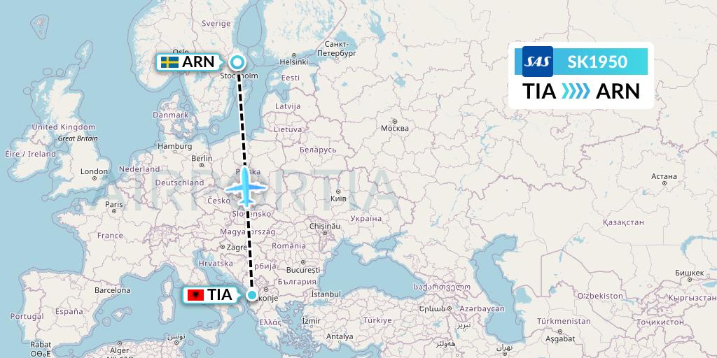 SK1950 SAS Flight Map: Tirana to Stockholm